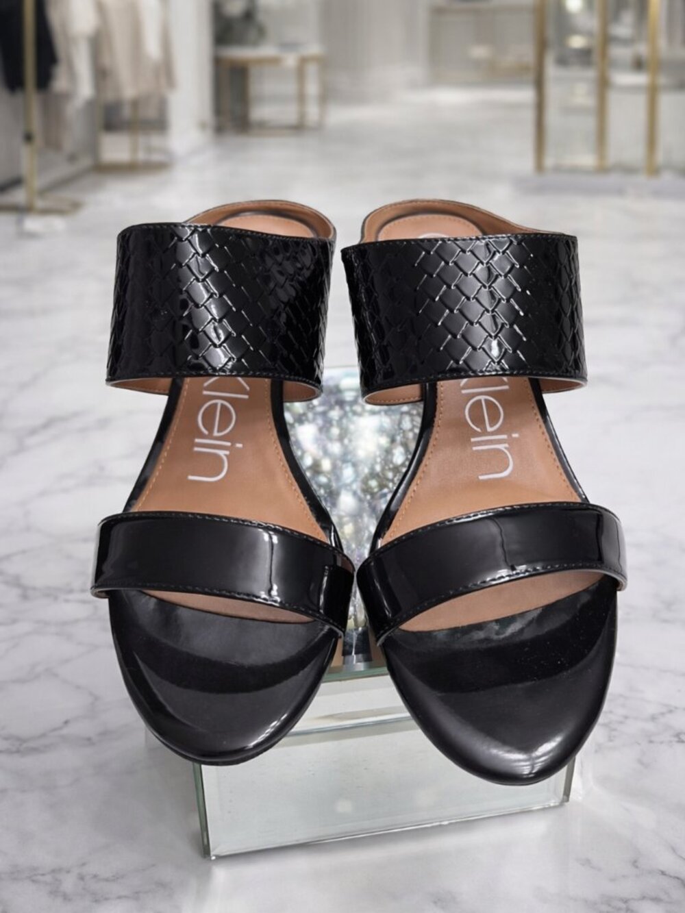 Calvin Klein Black Patent Mule Heels | Snakeskin Embossed | Size 7 Excellent